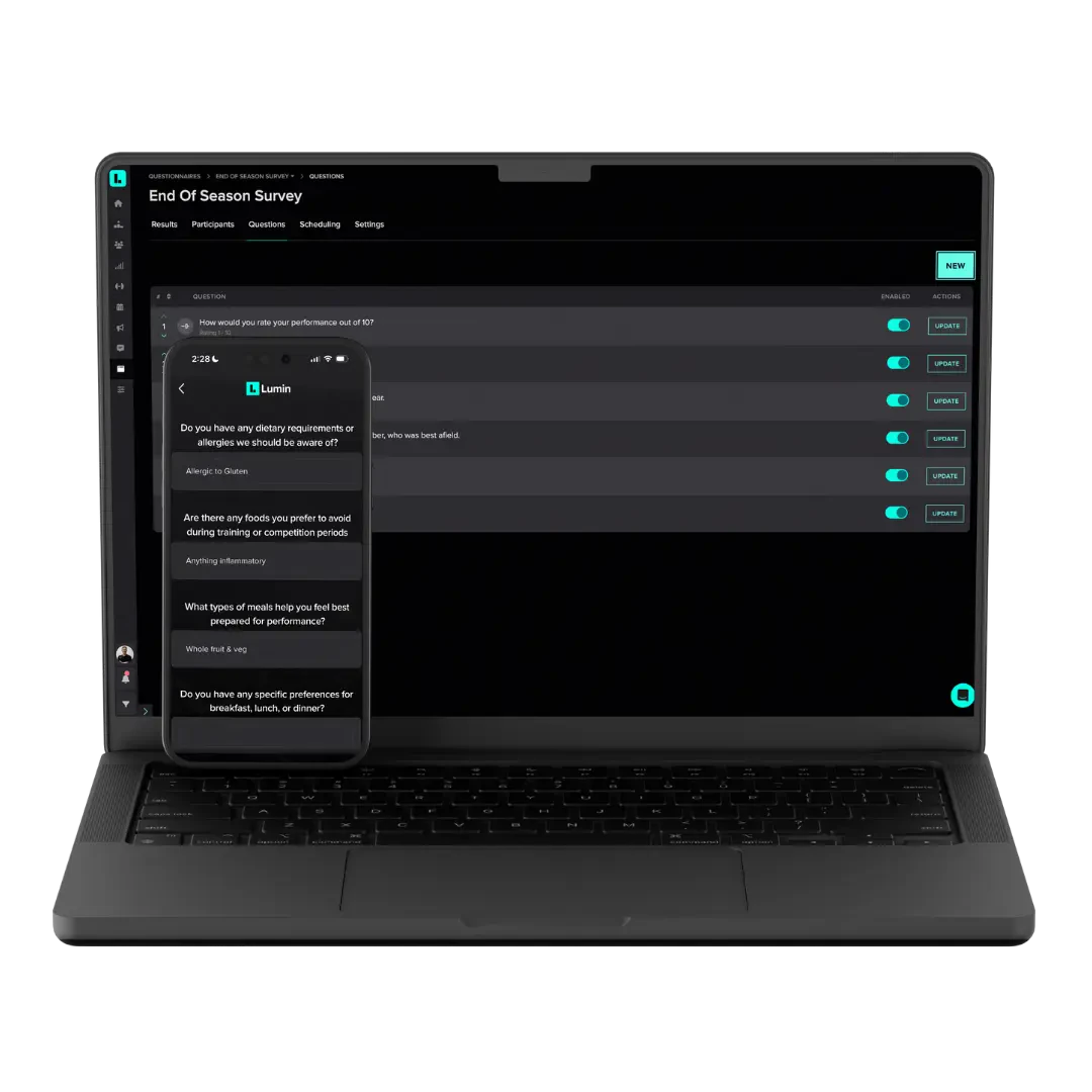 A mockup image of a black laptop displays the Lumin software, featuring the Custom Questionnaires page. It’s accompanied by a black mobile phone displaying the Lumin mobile app, featuring a custom questionnaire.
