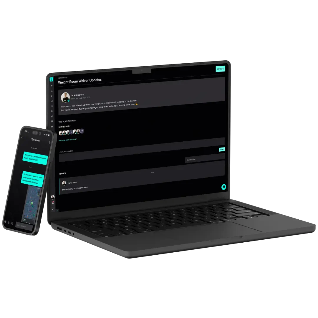 A mockup image of a black laptop displays the Lumin software, including the Noticeboard page. It’s accompanied by a black mobile phone displaying the Lumin mobile app, featuring Chats, the instant messaging tool.