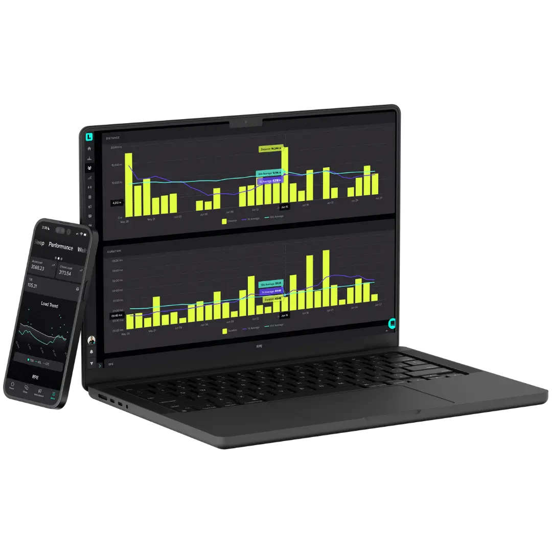 A mockup image of a black laptop displays the Lumin software, including detailed Load Management data. It’s accompanied by a black mobile phone displaying the Lumin mobile app, also athlete load management data.