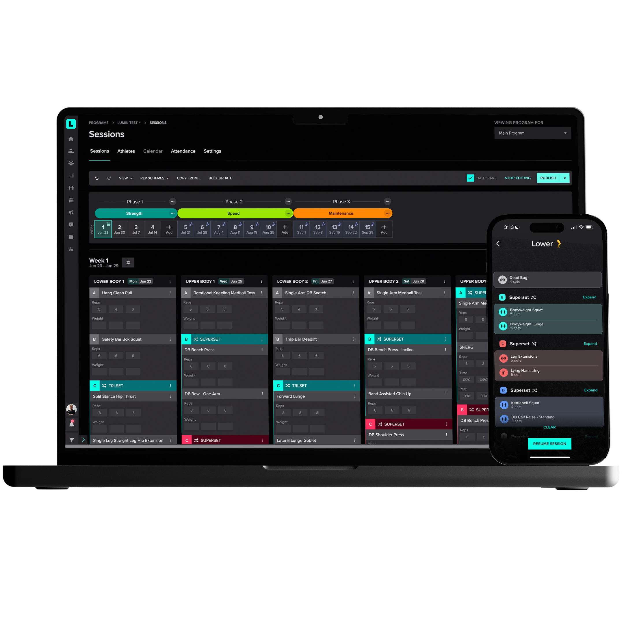 Mock up image of a black laptop and mobile phone with Lumin software featuring the strength Session Page.