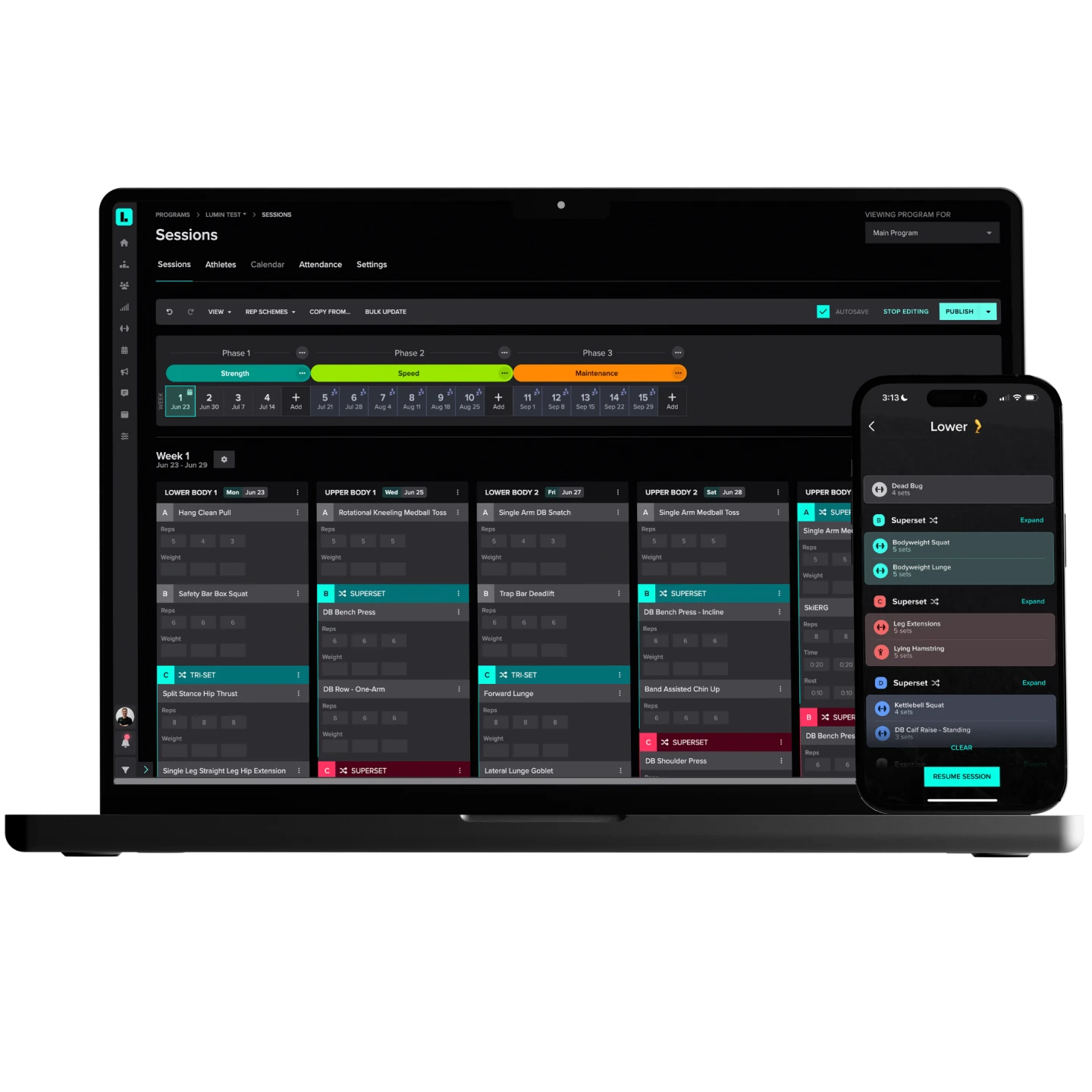 Mock up image of a black laptop and mobile phone with Lumin software featuring the strength Session Page.