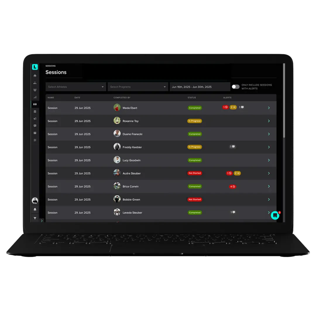 A mock up image of a black laptop displays the Lumin software, including the Session Analysis Page. It features details and information about athlete progression.