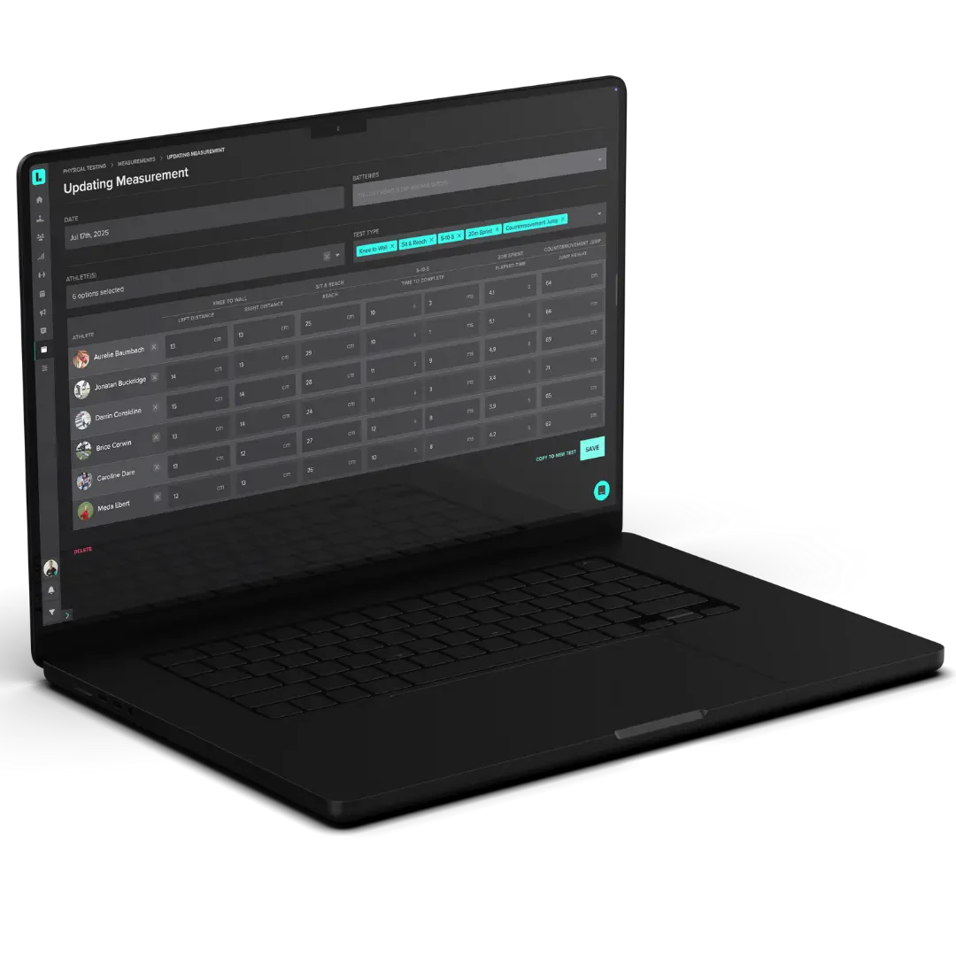 A mockup image of a black laptop displays the Lumin software, featuring the Physical Testing results input page.