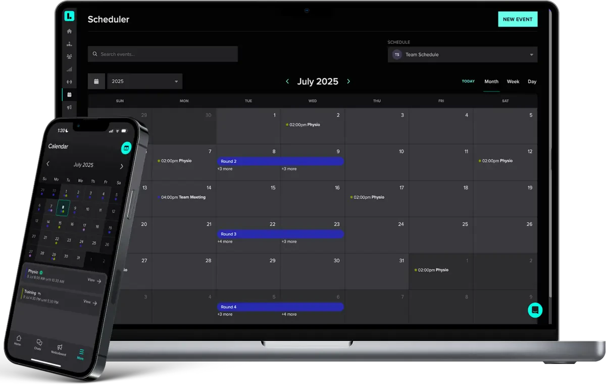 A mockup image of a black laptop displays the Lumin software, including the Scheduler page. It’s accompanied by a black mobile phone displaying the Lumin mobile app, also featuring the Scheduler.