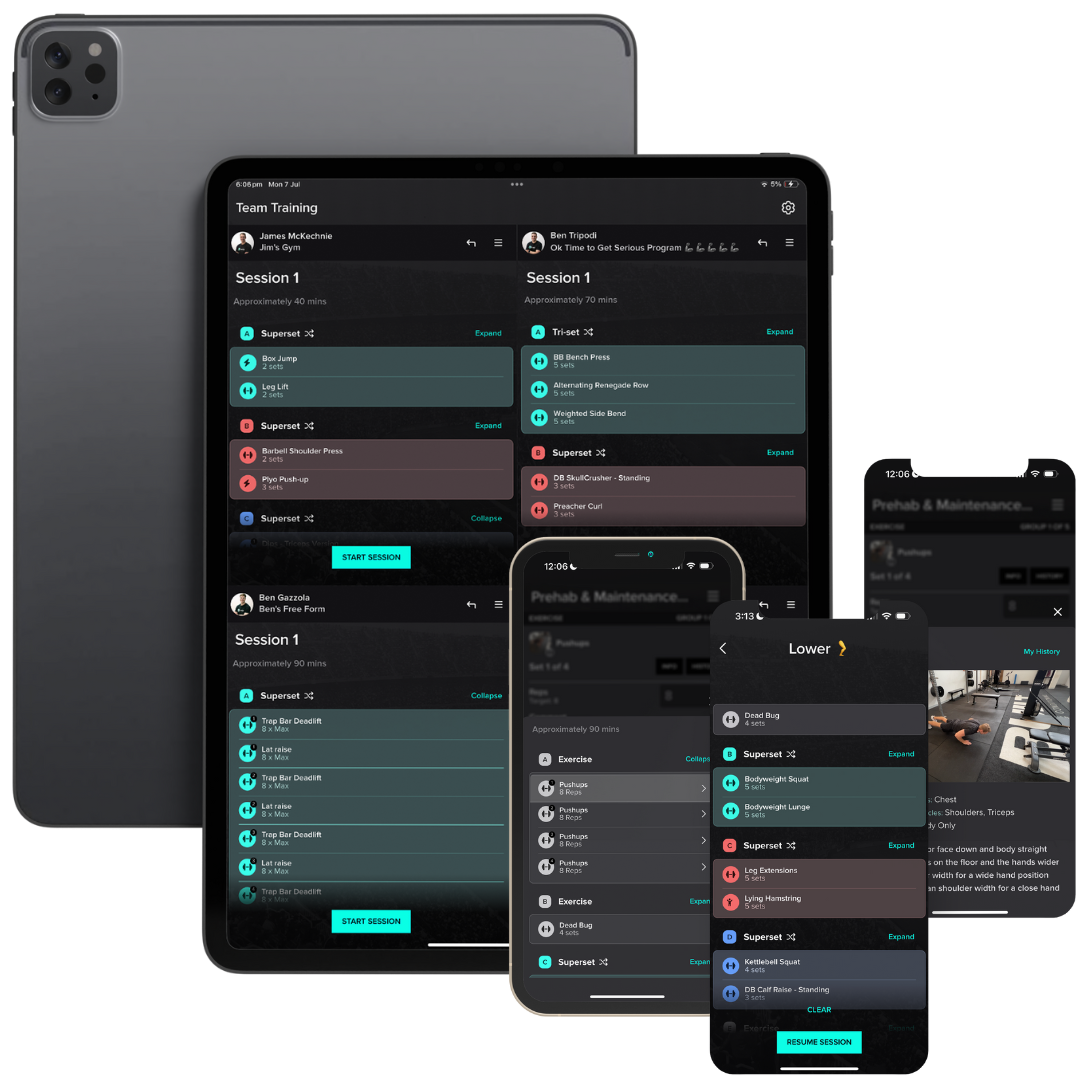 A mockup image of a black iPad displays the Lumin software, including the Team Training Mode. It’s accompanied by a 3 black mobile phones displaying the Lumin mobile app, featuring a strength session programs and exercise demonstrations. strength session questionnaire.