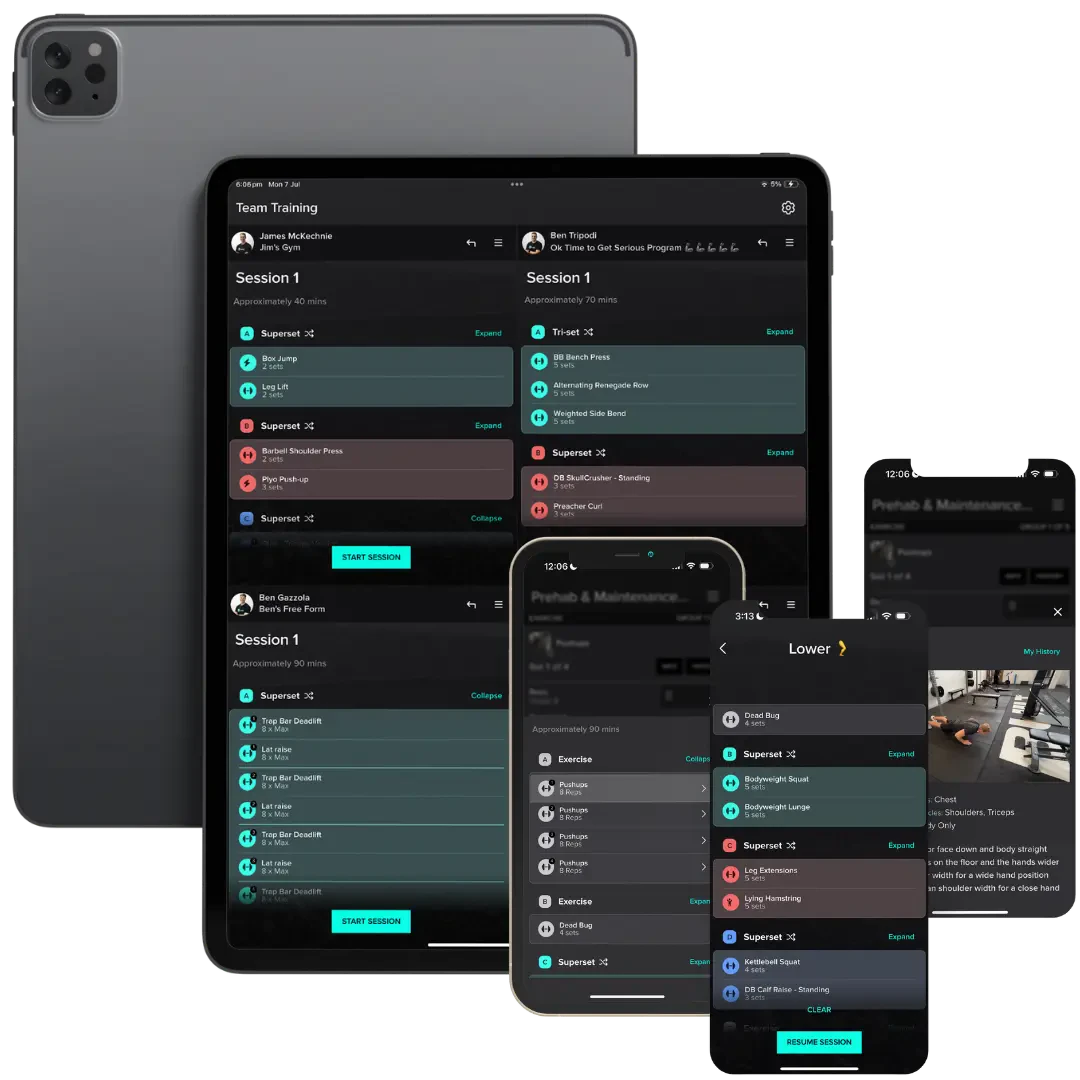 A mockup image of a black iPad displays the Lumin software, including the Team Training Mode. It’s accompanied by a 3 black mobile phones displaying the Lumin mobile app, featuring a strength session programs and exercise demonstrations. strength session questionnaire.