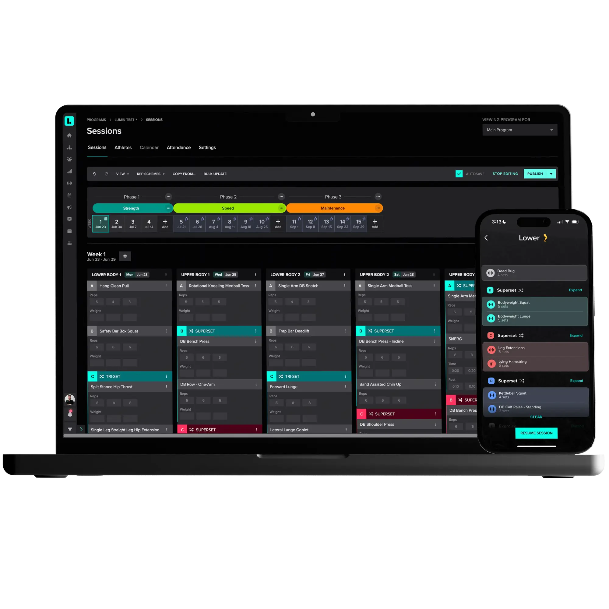 Mockup image of a black laptop and mobile phone with Lumin software, featuring the Strength Sessions page.
