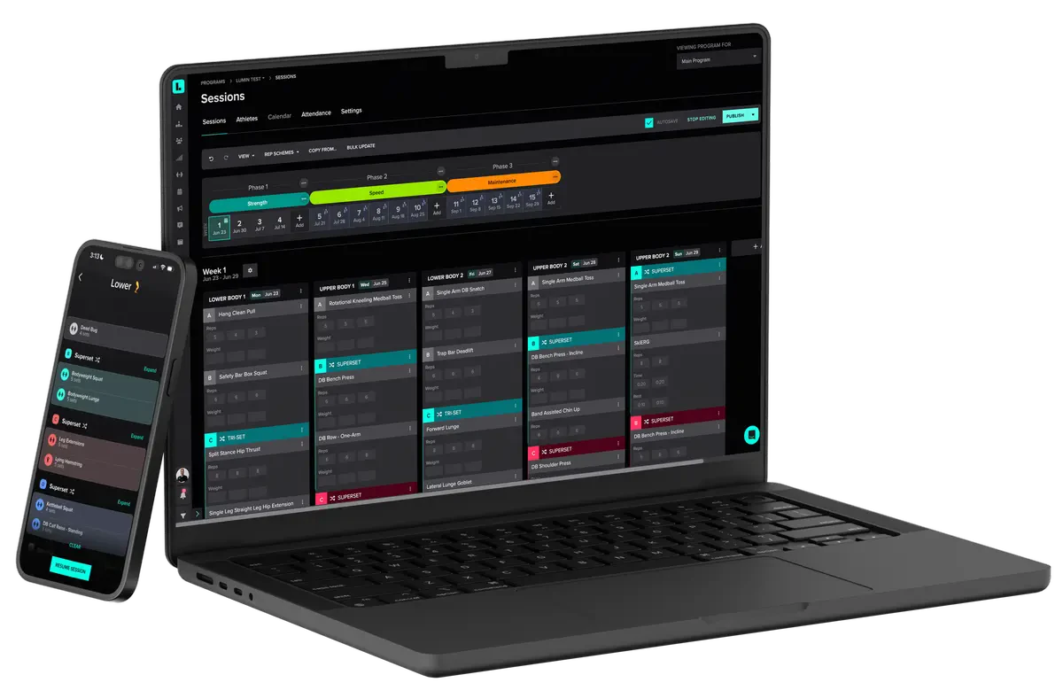 A mockup image of a black laptop displays the Lumin software, including the Strength Programmer’s Sessions Page. It’s accompanied by a black mobile phone displaying the Lumin mobile app, featuring a strength session.